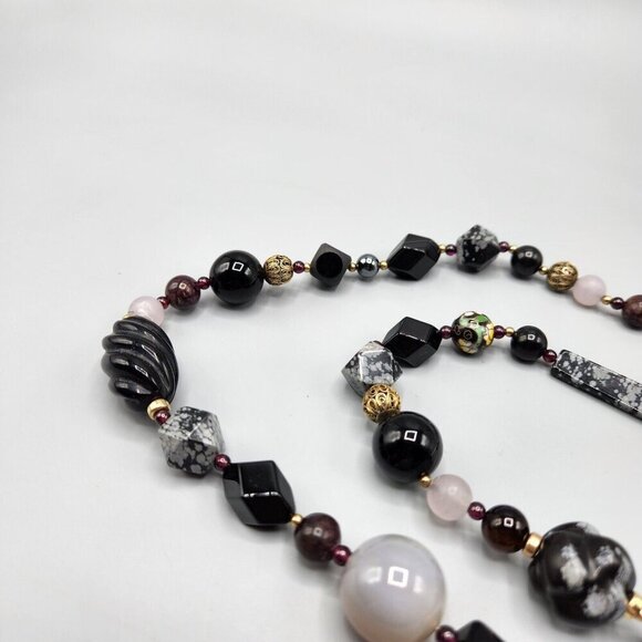 Stone Bead Necklace Rose Quartz Snowflake Obsidian Cloisonne Gradient 30" - Picture 3 of 13